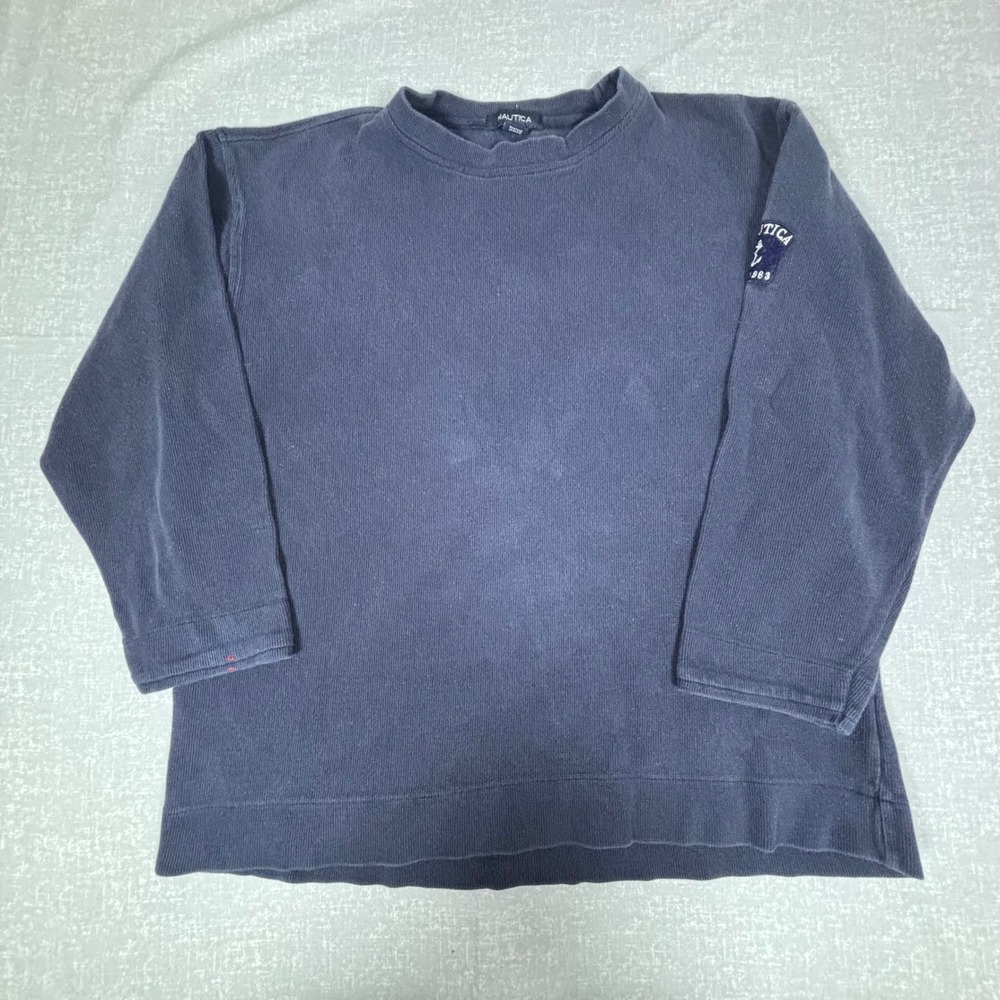 VTG Nautica Mens Blue Knit Long Sleeve Cotton Pullover Sweater Size Large *Flaw